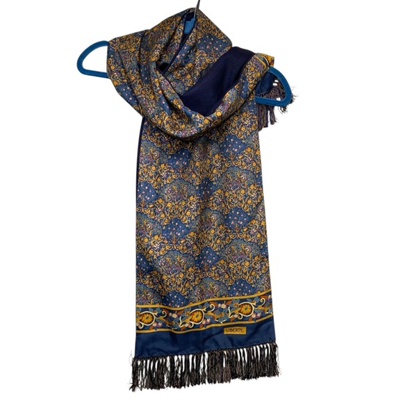 Vintage Liberty Silk Floral Scarf Wool Navy Blue Reverse Brown Botanical Fringes - Picture 3 of 13